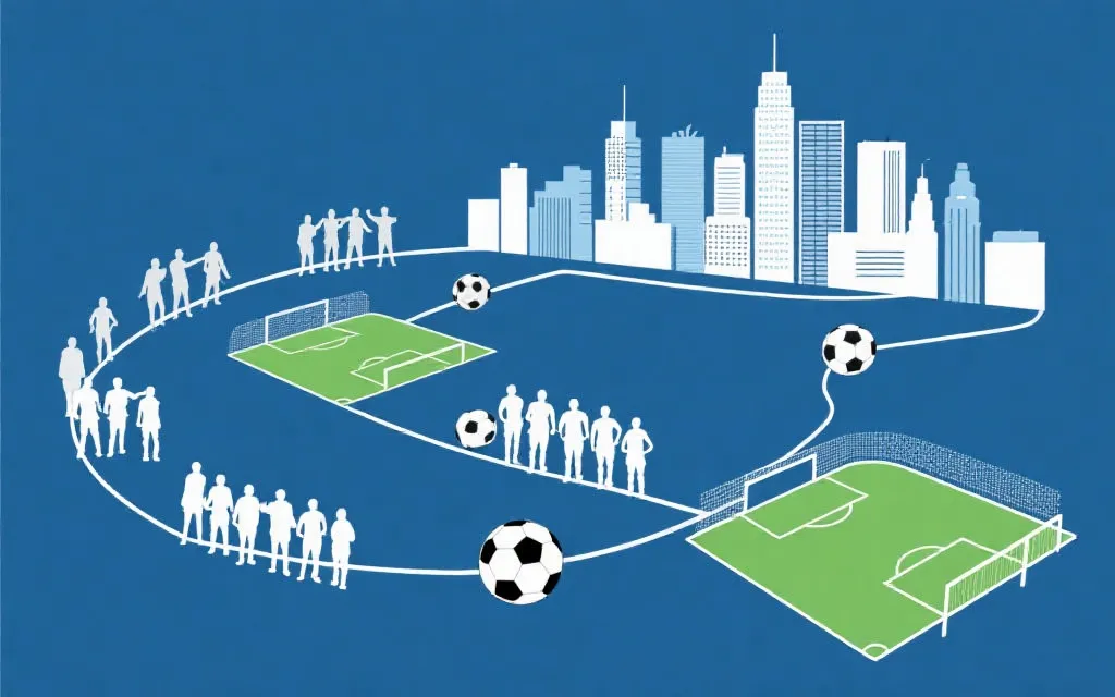 北美多城市世界杯旅程概念图：机场航线、球场与球迷剪影